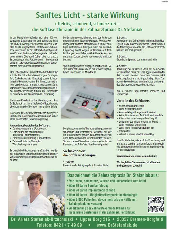 „Sanftes Licht - starke Wirkung“ effektiv, schonend, schmerzfrei – die Softlasertherapie in der Zahnarztpraxis Dr. Stefaniak