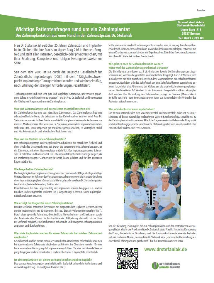 Wichtige Patientenfragen rund um ein Zahnimplantat Die Zahnimplantation aus einer Hand in der Zahnarztpraxis Dr. Stefaniak